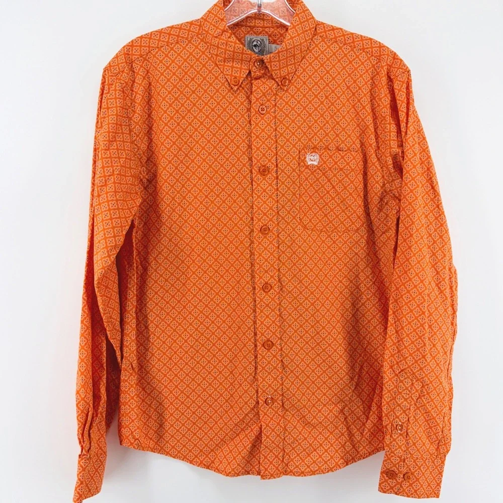 Cinch Shirt Boys XL 14 Orange Geometric Western Button Down Long Sleeve Cowboy